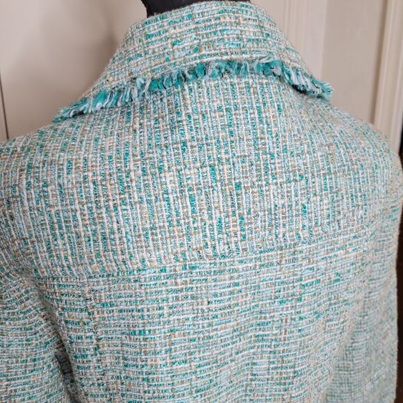 VTG Nanette Lepore Tweed 3/4 Sleeve Turquoise Fringe Jacket Blazer Belt Y2K✨️12 - Picture 15 of 16